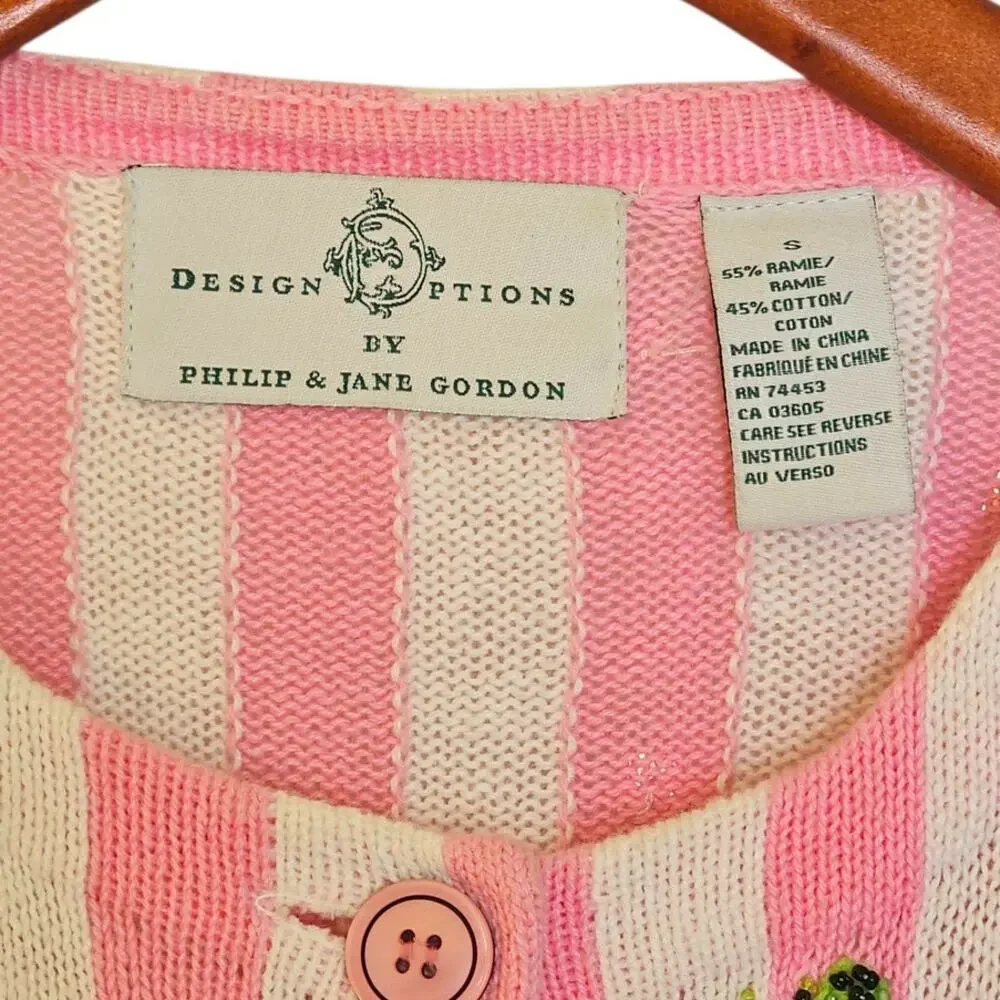 Vintage Design Options Pink & White Striped Knit Button Up Cardigan Sweater